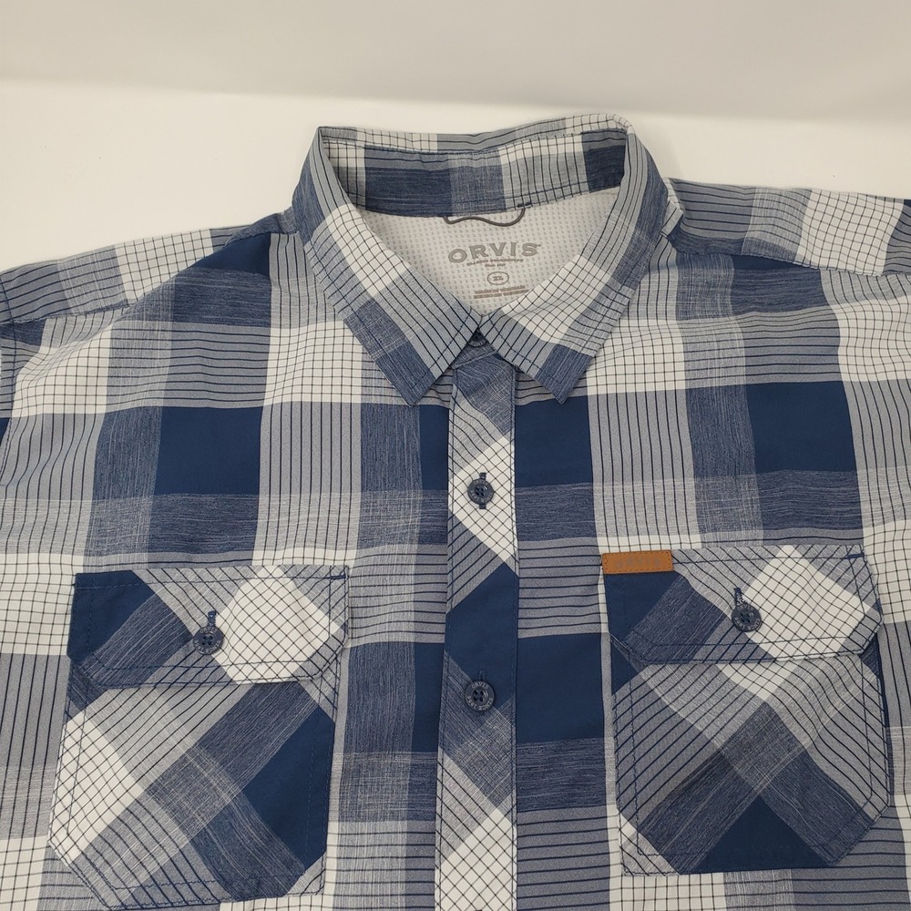 Orvis Shirt Mens XL Classic Collection Blue Plaid Short Sleeve Button Down